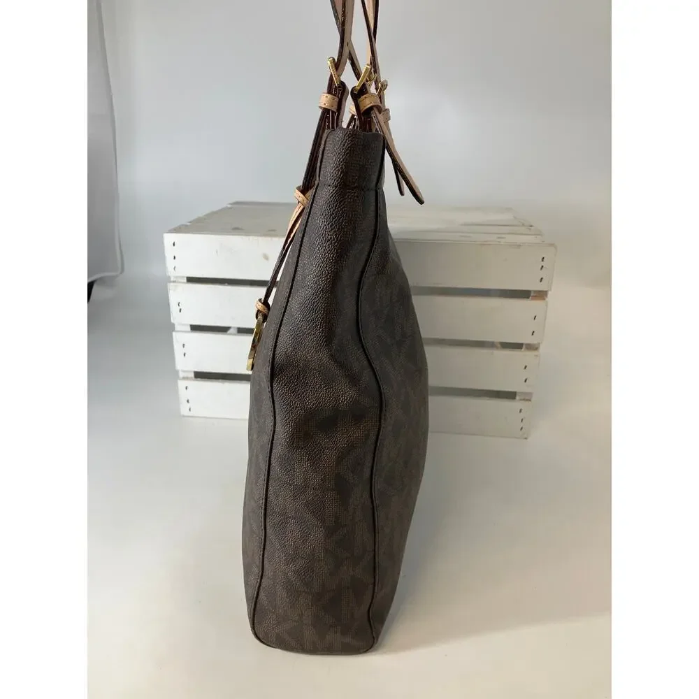 MICHAEL KORS, LARGE BROWN SIGNATURE PRINT PVC SHOULDER BAG